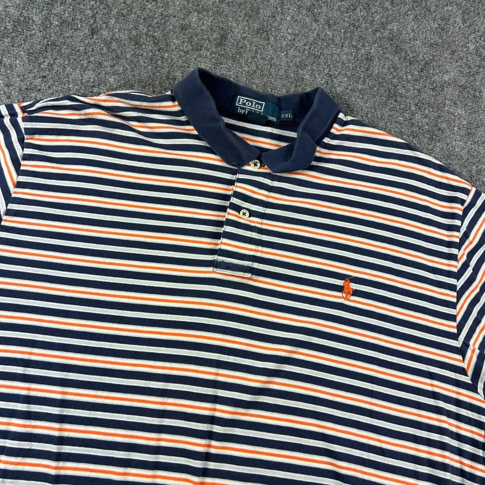 Polo Ralph Lauren Polo Shirt Mens XXL Navy Orange Striped Short Sleeve Cotton